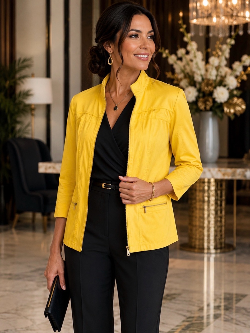 Jones New York Signature Woman Yellow Stretch Zip Front Jacket 1X Plus Size